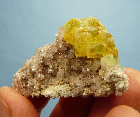 Stunning specimen of yellow / green fluorite on quartz