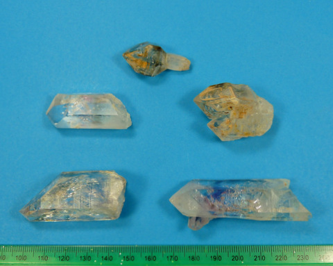 5 quartz crystals from Brandberg, including sceptre, moving bubble and windows