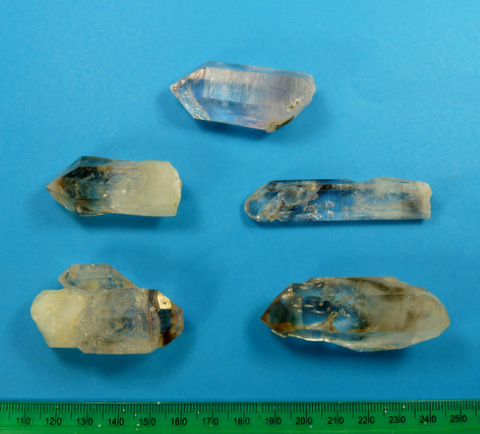 Five damaged Brandberg quartz crystals