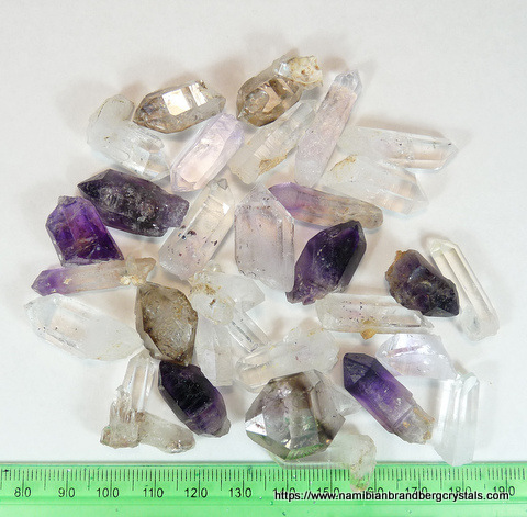 30 quartz crystals from Brandberg, including amethyst, window quartz, sceptre