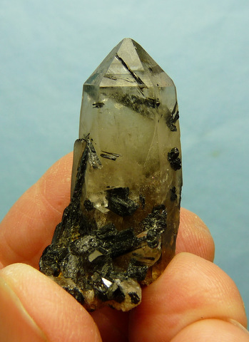 Light smoky quartz crystal with schorl crystals in and on it