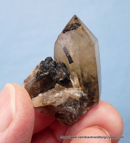 Citrine quartz crystal with schorl inside and on top