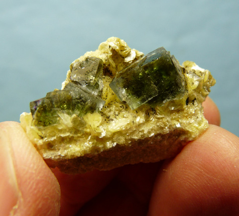Stunning, gemmy, green fluorite crystals with mica, on mica rich matrix