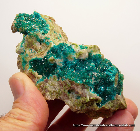 Beautiful 2-sided specimen of dioptase and calcite crystals on calcite